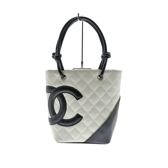 Chanel Cambon Line Small Tote White Black Line Leather Bag Coco Mark - Picture 1 of 15
